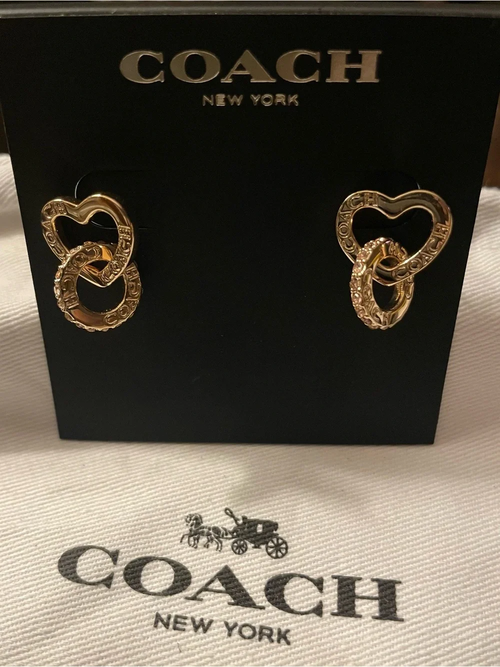 COACH Gold Interlocking Heart Link Earrings - Picture 2 of 3